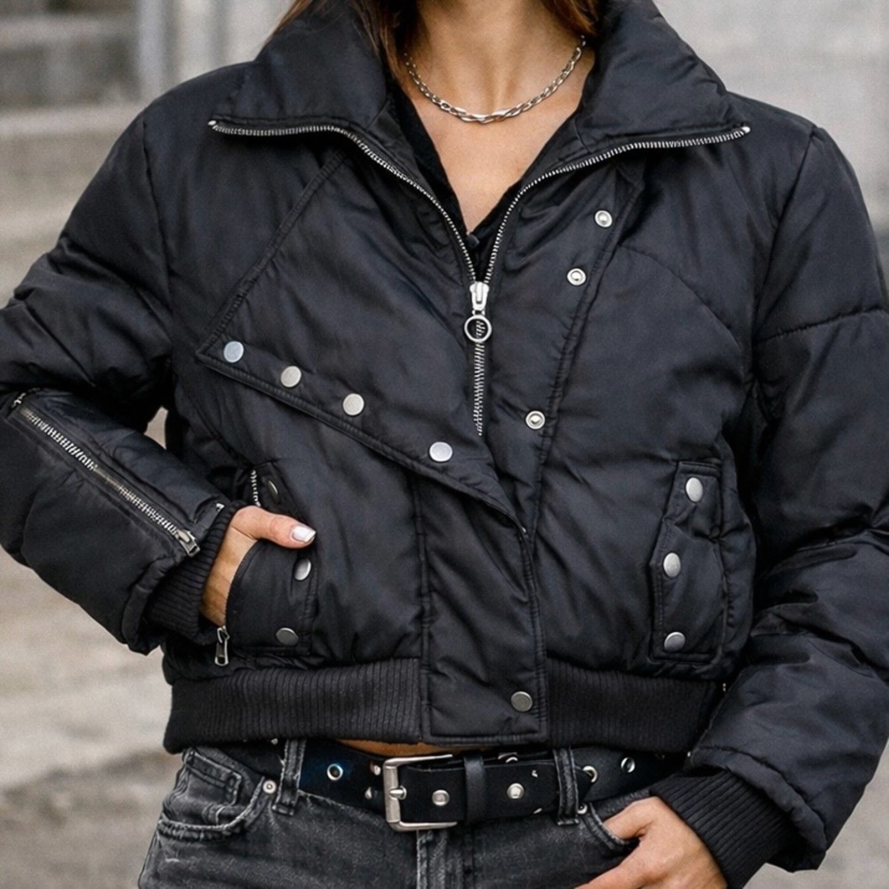Paris Blues Black Moto Puffer Bomber Jacket XL Asymmetrical Zip Winter Coat